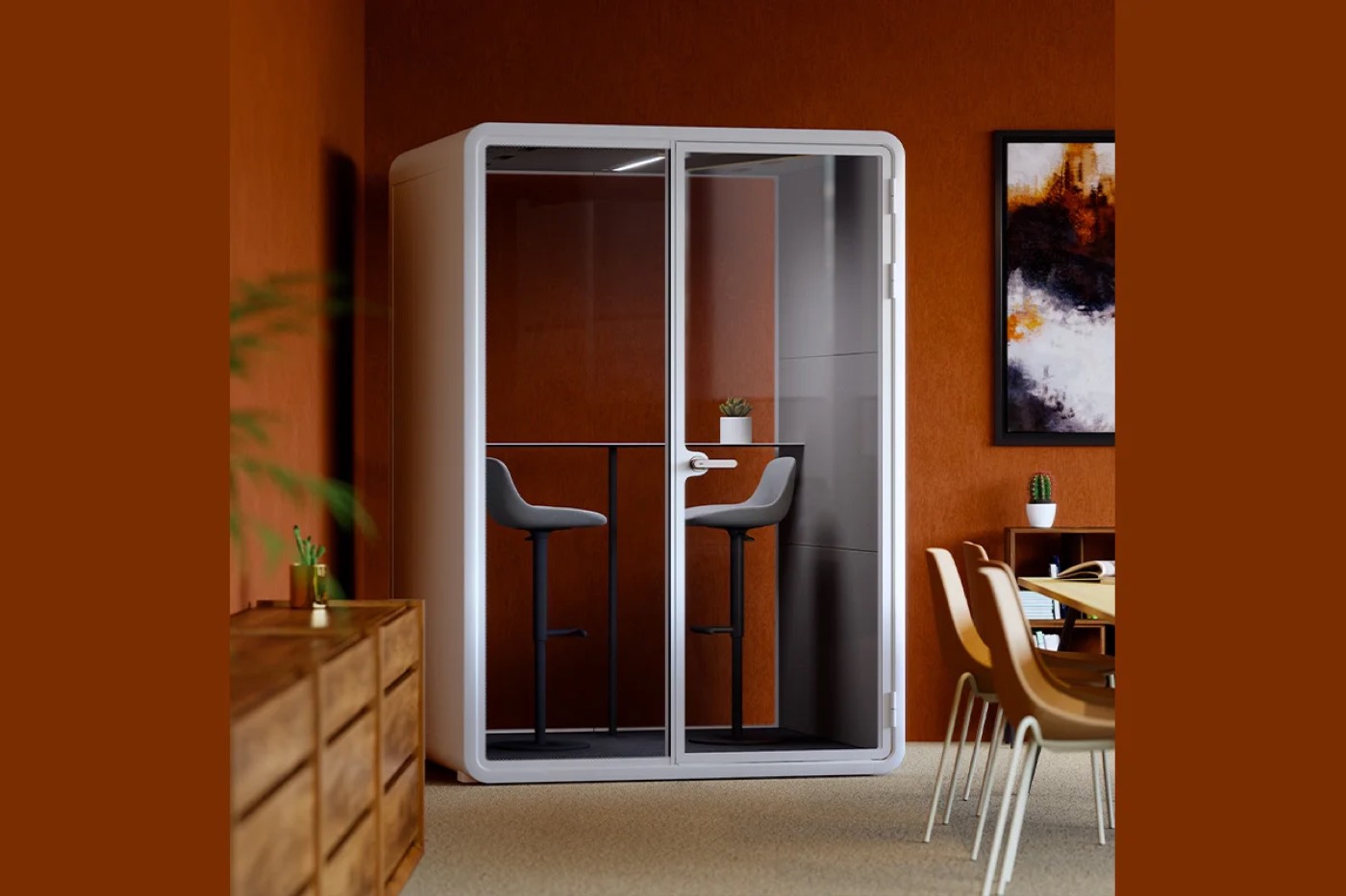 A sound-isolated acoustic booth with a latching glass door