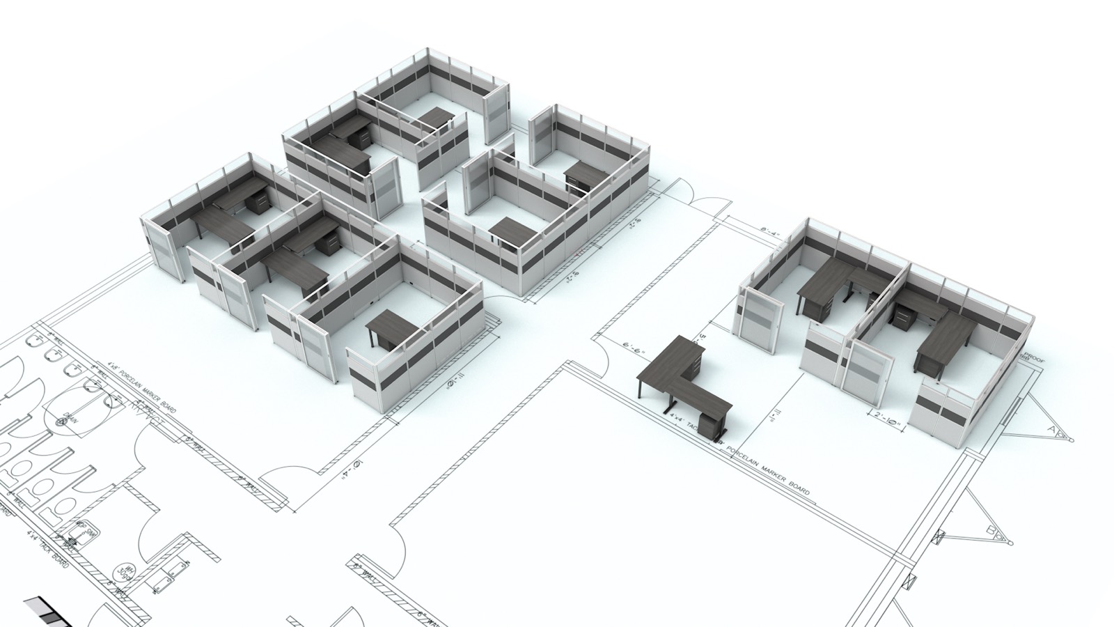 An isometric floor plan rendering of a zoned office layout