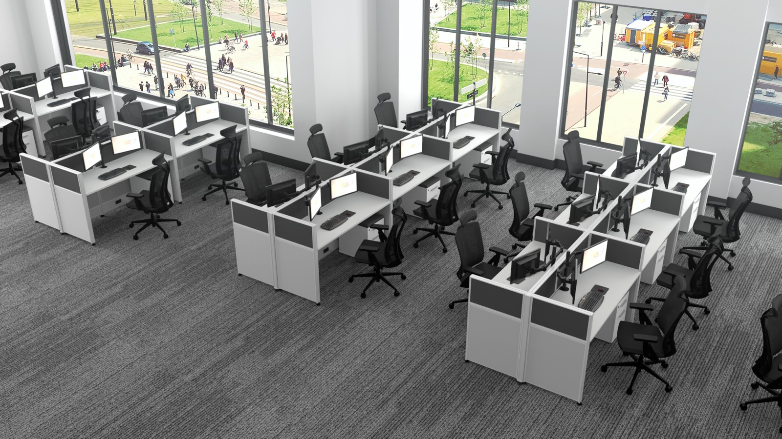 A modern zoned Sunline floor with focus stations and glass privacy panels